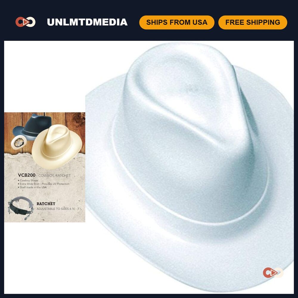 Cowboy Style Hard Hat with Ratchet Suspension, Wide Brim, Cotton - White Safety